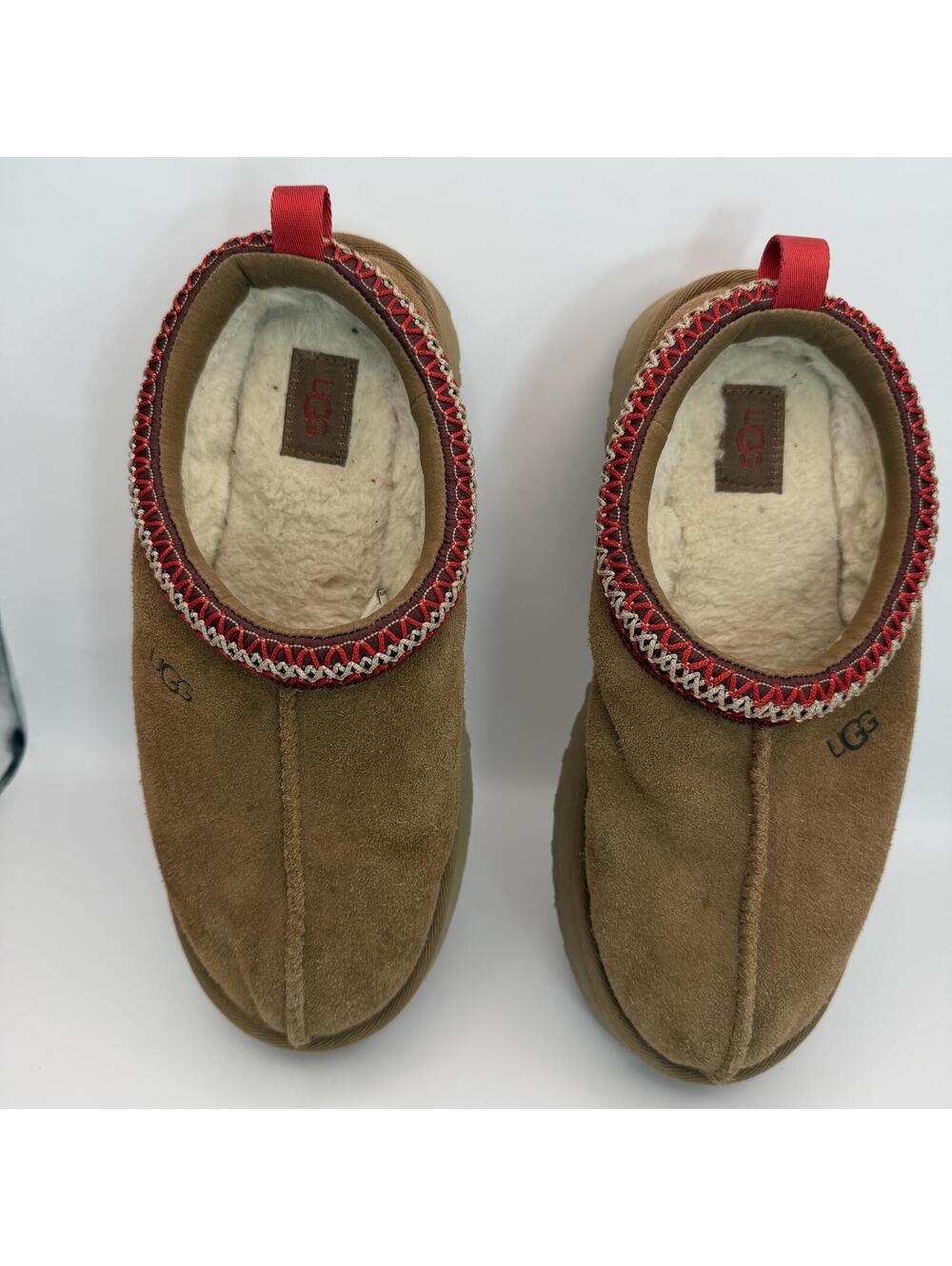 UGG Size 5 Brown Suede Slippers Red Trim Tasman Tazz Braid Shearling - Picture 3 of 7